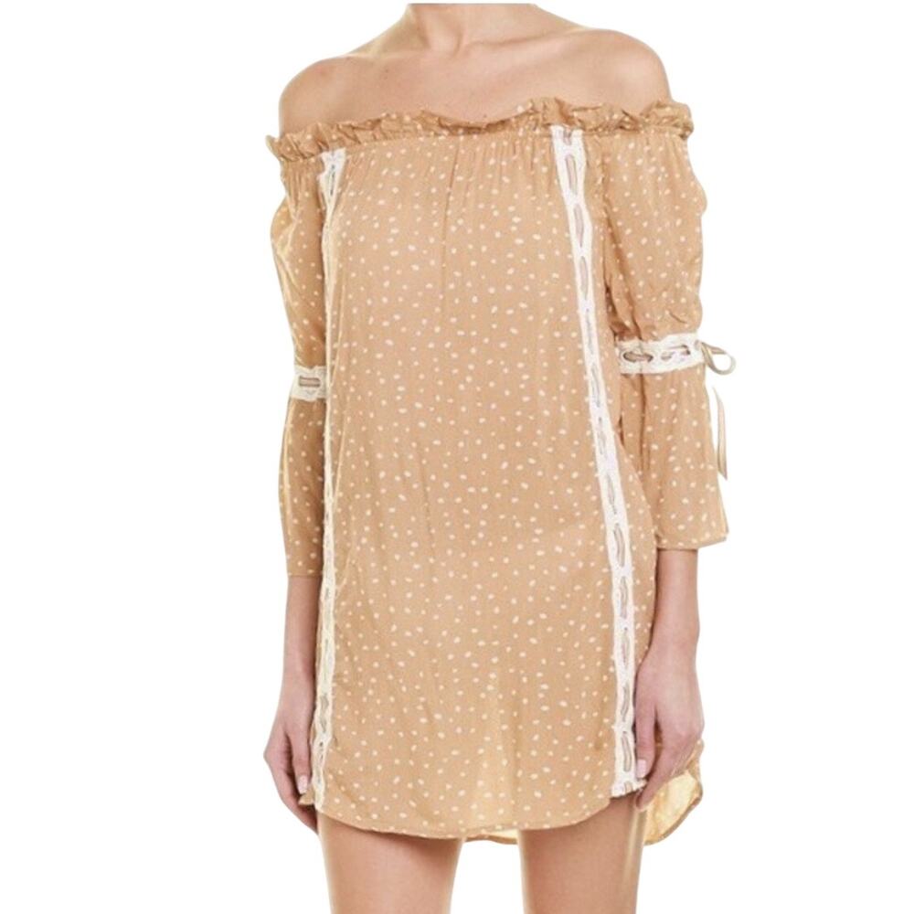 Surf Gypsy Polkadot Off The Shoulder Mini Dress Cover-Up Beachy Romantic Size M